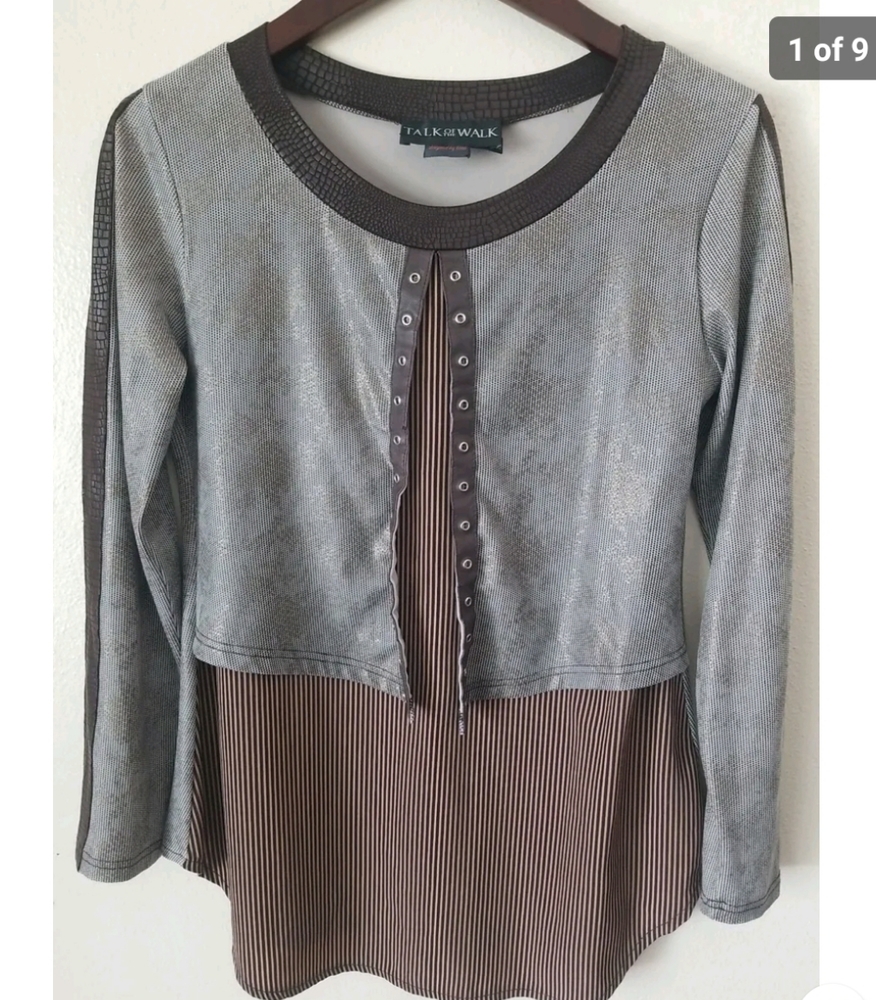 TALK OF THE WALK Women's Long Sleeve Faux Brown Leather Trim Overlay Top Size S